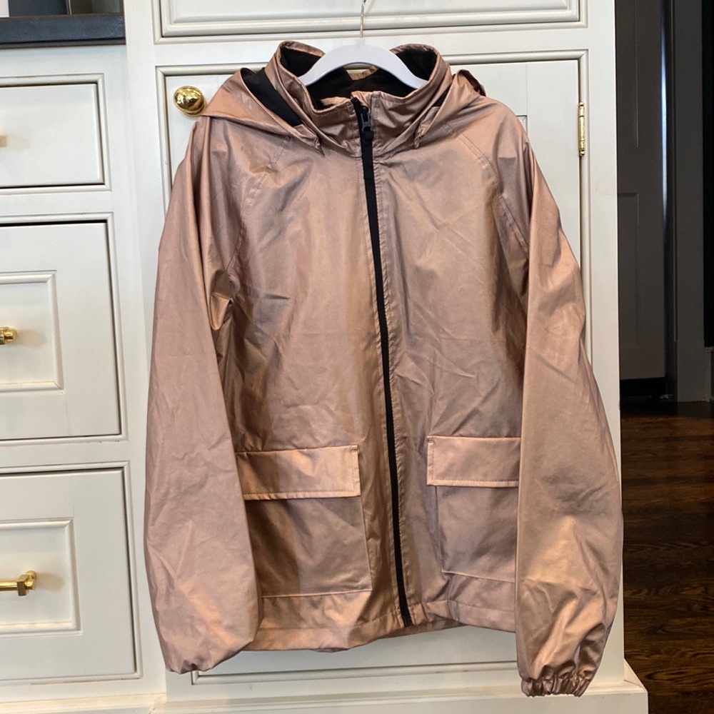 H&M girls hooded raincoat size10-12 rose gold metallic